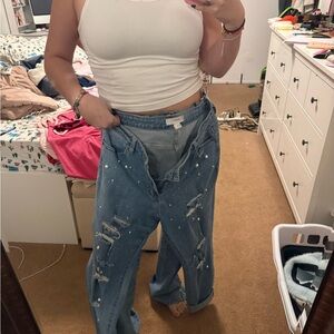 Forever 21 Distressed Blue Boyfriend Jeans with Pearl Details